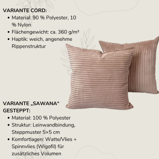 Dekokissen 40×40 cm – aus Cord oder gesteppt - 3