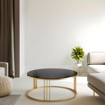 Designer-Couchtisch rund – Glam Round Gold mit schwarzer Glasplatte & Edelstahlgestell