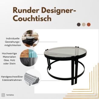 Runder Designer-Couchtisch – Edelstahlgestell & individuelle Tischplatte nach Wunsch - 3